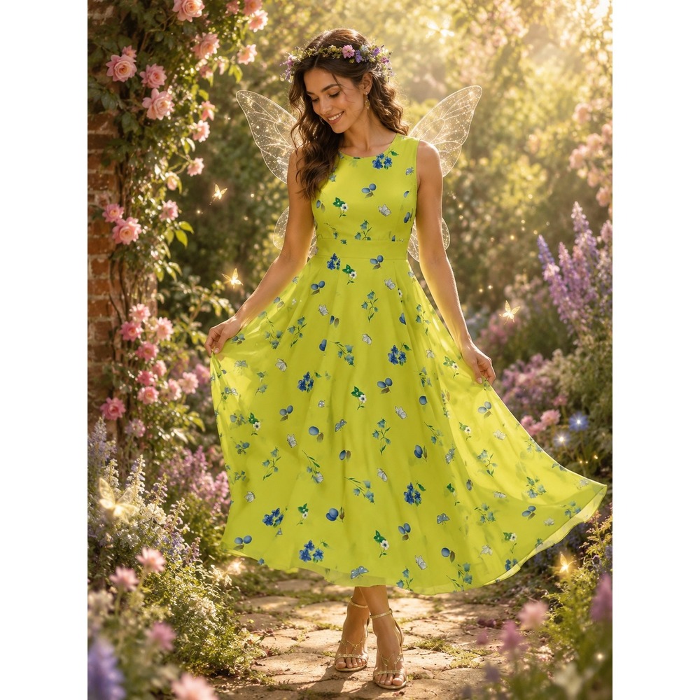 VTG‎ David Warren Lime Green Floral Butterfly Maxi Dress Fairycore Size 4 Garden